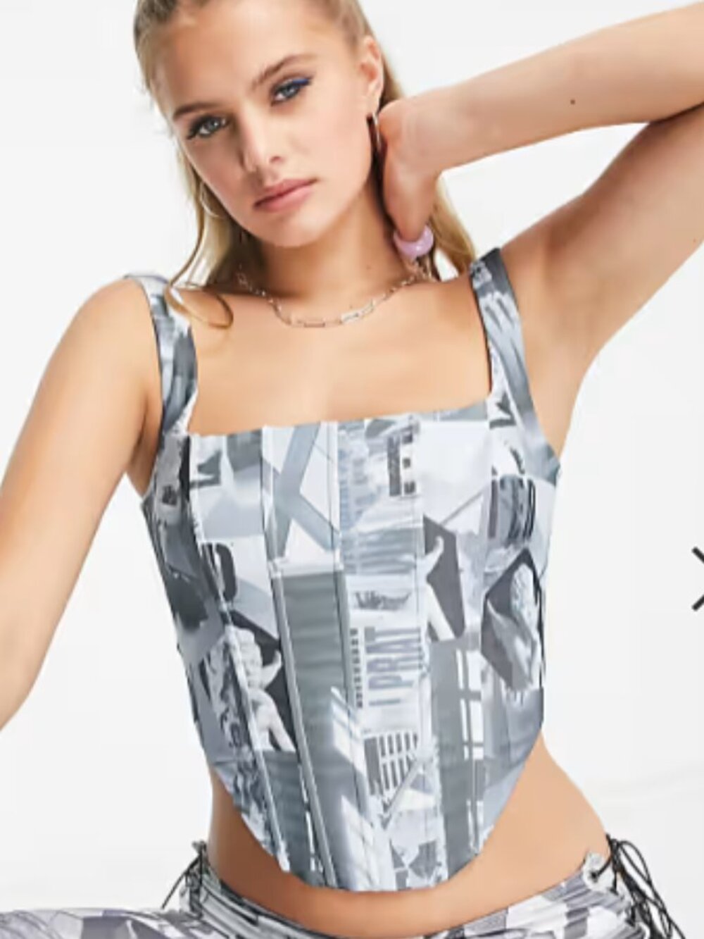 Edikted Square Neck Fitted Ribbed Corset in Newspaper Print - Size Small